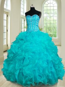 New Style Teal Organza Lace Up Quinceanera Dress Sleeveless Floor Length Beading and Ruffles