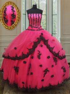 Custom Made Tulle Strapless Sleeveless Lace Up Beading and Appliques Sweet 16 Dresses in Hot Pink