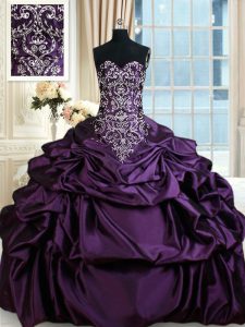 Sleeveless Taffeta Floor Length Lace Up 15th Birthday Dress in Purple with Beading and Embroidery and Pick Ups