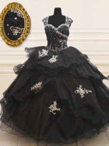 Captivating Strapless Cap Sleeves Quinceanera Gown Floor Length Beading and Appliques and Ruffles Black Organza