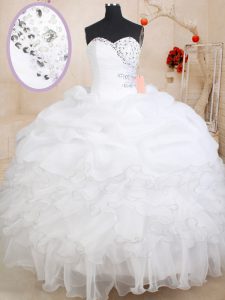 Exquisite Sweetheart Sleeveless Sweet 16 Quinceanera Dress Floor Length Beading and Ruffles and Pick Ups White Organza