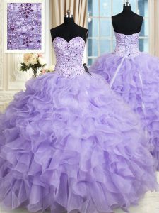Hot Sale Sleeveless Floor Length Beading and Ruffles Lace Up Sweet 16 Quinceanera Dress with Lavender