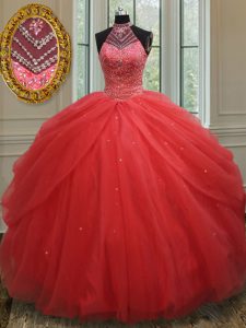 Halter Top Floor Length Red Quinceanera Dresses Tulle Sleeveless Beading and Pick Ups