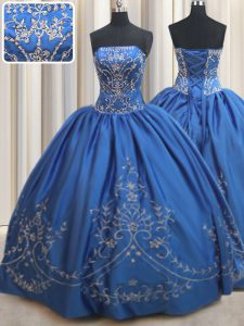 Satin Strapless Sleeveless Lace Up Beading and Embroidery Sweet 16 Dresses in Royal Blue