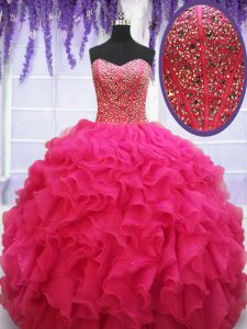 Suitable Organza Sweetheart Sleeveless Lace Up Beading and Ruffles Quinceanera Dresses in Hot Pink