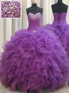 Sleeveless Floor Length Beading and Ruffles Lace Up Quinceanera Dresses with Eggplant Purple