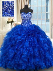 Sleeveless Organza With Brush Train Lace Up Quince Ball Gowns in Royal Blue with Beading and Ruffles
