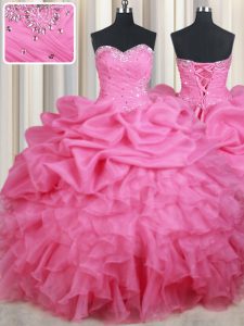 Fashion Sleeveless Floor Length Beading and Ruffles and Pick Ups Lace Up Quinceanera Dress with Rose Pink