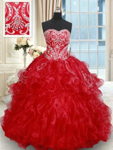 Wonderful Red Organza Lace Up Sweetheart Sleeveless 15 Quinceanera Dress Brush Train Beading and Embroidery and Ruffled 