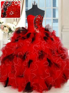 Smart Black and Red Sleeveless Floor Length Beading and Ruffles and Sequins Lace Up Quince Ball Gowns