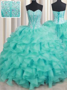 Beauteous Turquoise Sleeveless Beading and Ruffles Lace Up Quinceanera Gowns