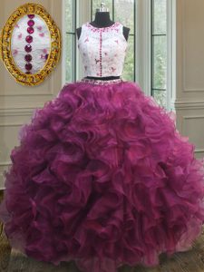 On Sale Scoop Floor Length Two Pieces Sleeveless Burgundy 15th Birthday Dress Zipper