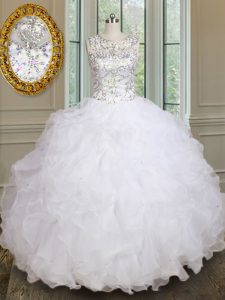 Stunning Scoop White Sleeveless Beading and Ruffles Floor Length 15th Birthday Dress