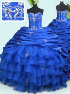 Pick Ups Ruffled Royal Blue Sleeveless Organza and Taffeta Court Train Lace Up 15 Quinceanera Dress for Military Ball an