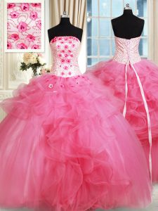 Admirable Hot Pink Sleeveless Beading and Appliques and Ruffles Floor Length Quince Ball Gowns