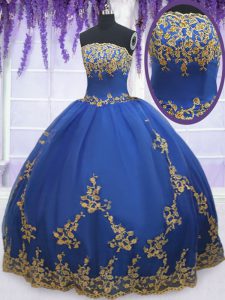 Blue Sleeveless Organza Zipper Ball Gown Prom Dress for Military Ball and Sweet 16 and Quinceanera