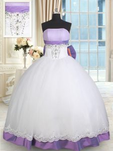 High Class Floor Length Ball Gowns Sleeveless White And Purple Sweet 16 Quinceanera Dress Lace Up