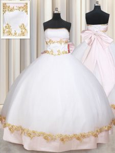 Decent White Ball Gowns Satin Strapless Sleeveless Beading and Appliques and Bowknot Floor Length Lace Up Sweet 16 Dress