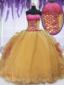 Strapless Sleeveless Organza and Taffeta 15th Birthday Dress Beading and Lace and Ruffles Lace Up