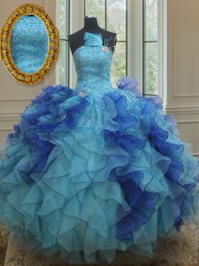 Fine Beading and Ruffles Sweet 16 Dress Blue Lace Up Sleeveless Floor Length