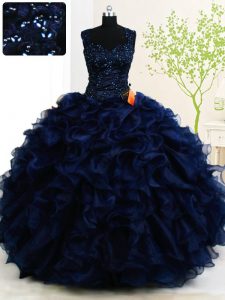Straps Sleeveless Beading and Ruffles Zipper Quince Ball Gowns