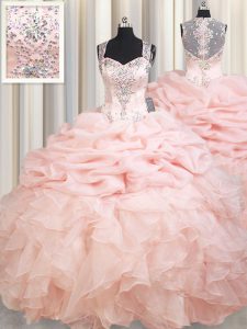 Custom Design Pink Ball Gowns Organza Straps Sleeveless Beading and Ruffles and Pick Ups Zipper Quinceanera Gowns Brush 