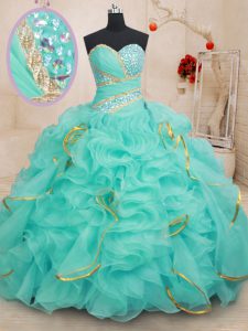 Modest Sleeveless Lace Up Floor Length Beading and Ruffles and Sequins 15th Birthday Dress