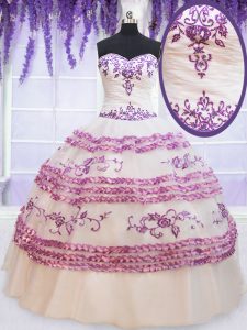 White Sleeveless Appliques and Embroidery and Ruffled Layers Floor Length Vestidos de Quinceanera