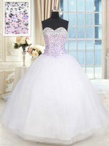 Popular Ball Gowns Quinceanera Dresses White Sweetheart Tulle Sleeveless Floor Length Lace Up
