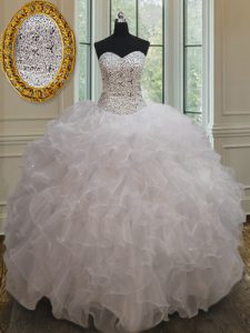 Exceptional White Sweetheart Neckline Beading and Ruffles Quinceanera Gown Sleeveless Lace Up