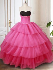 Hot Pink Sleeveless Beading and Ruffled Layers Floor Length Sweet 16 Quinceanera Dress