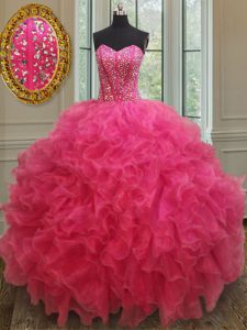 Designer Floor Length Hot Pink Quinceanera Dresses Sweetheart Sleeveless Lace Up