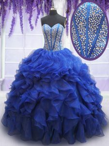 Deluxe Royal Blue Sleeveless Floor Length Beading and Ruffles Lace Up Quince Ball Gowns