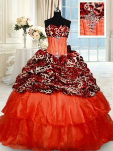Perfect Sleeveless Beading Lace Up Quinceanera Dresses with Orange Red Brush Train