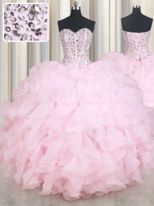 Edgy Baby Pink Quince Ball Gowns Military Ball and Sweet 16 and Quinceanera and For with Beading and Ruffles Sweetheart 