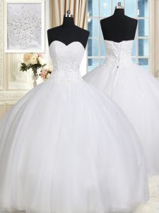 Great White Lace Up Quinceanera Gowns Beading Sleeveless Floor Length