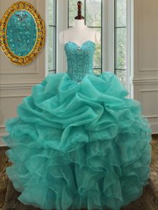 Floor Length Turquoise Sweet 16 Quinceanera Dress Organza Sleeveless Beading and Ruffles and Pick Ups