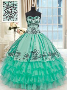 Turquoise Sleeveless Embroidery and Ruffled Layers Floor Length 15th Birthday Dress