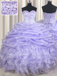 Glorious Lavender Ball Gowns Sweetheart Sleeveless Organza Floor Length Lace Up Beading and Ruffles and Pick Ups Quincea