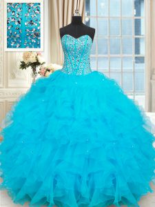Fashionable Sweetheart Sleeveless Ball Gown Prom Dress Floor Length Beading and Ruffles Baby Blue Organza