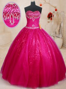 Captivating Floor Length Fuchsia Ball Gown Prom Dress Tulle Sleeveless Beading and Sequins