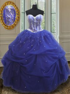 Wonderful Sleeveless Tulle Floor Length Lace Up 15 Quinceanera Dress in Blue with Beading and Sequins