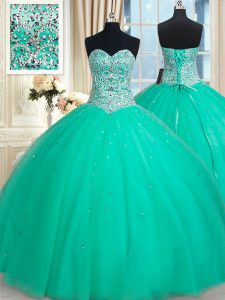 Exquisite Turquoise Sleeveless Beading Floor Length 15 Quinceanera Dress