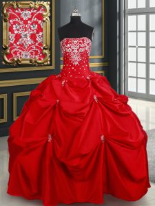 Red Sleeveless Floor Length Beading and Pick Ups Lace Up Quince Ball Gowns