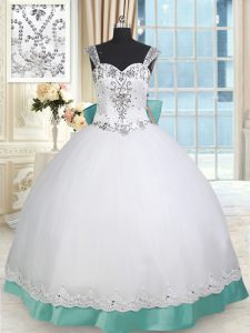White and Green Ball Gowns Taffeta and Tulle Straps Sleeveless Beading and Lace and Bowknot Floor Length Lace Up Quince 