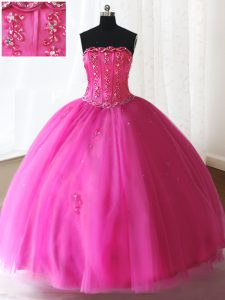 Hot Sale Sleeveless Tulle Floor Length Lace Up 15 Quinceanera Dress in Hot Pink with Beading