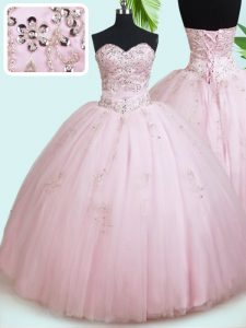 Artistic Baby Pink Ball Gowns Sweetheart Sleeveless Tulle Floor Length Lace Up Beading Quinceanera Gown