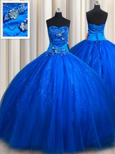 Perfect Sleeveless Floor Length Beading and Appliques Lace Up Vestidos de Quinceanera with Royal Blue