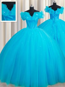 Baby Blue Lace Up Off The Shoulder Hand Made Flower Sweet 16 Dress Tulle Sleeveless Court Train