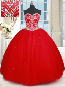 Customized Floor Length Red Quinceanera Dress Sweetheart Sleeveless Lace Up